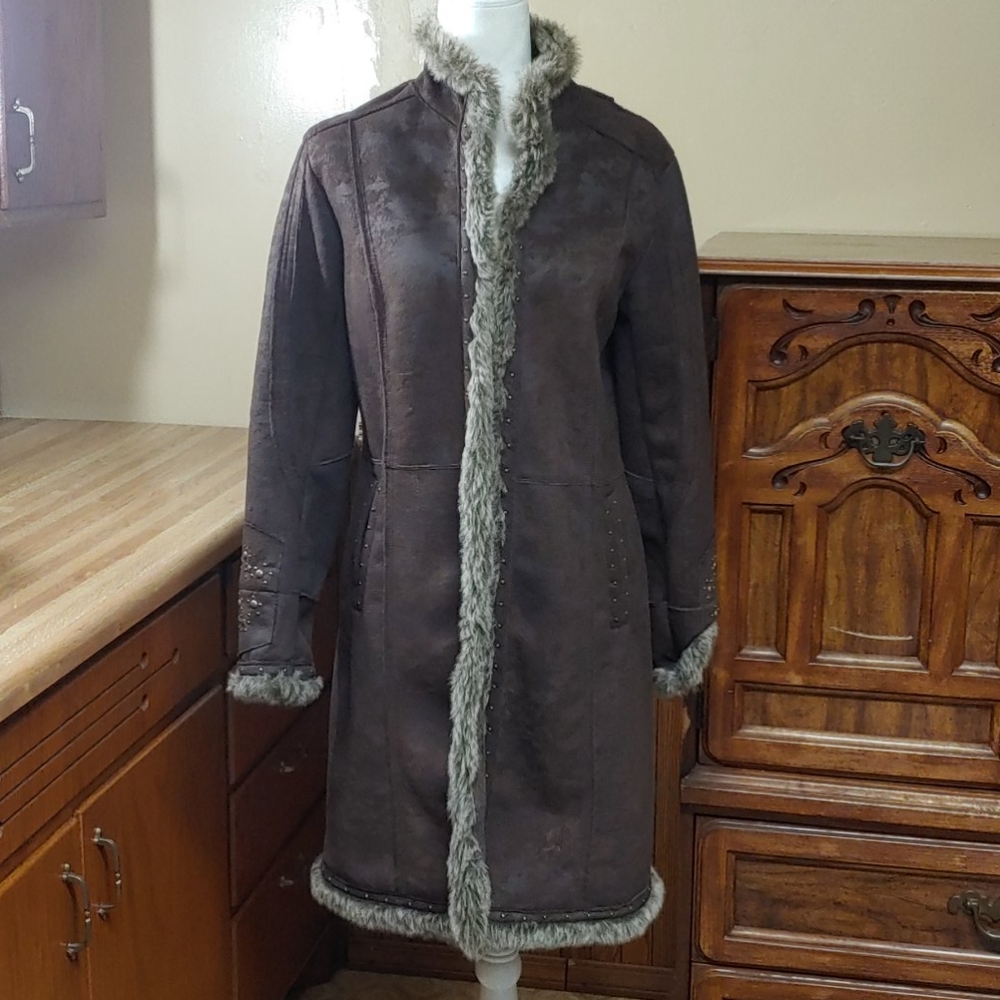 Ruff Hewn Suede Vegan Fur Lined Studded Coat M